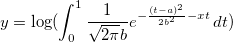 y=\log (\int_{0}^{1} \frac{1}{\sqrt{2\pi}b}e^{-\frac{(t-a)^2}{2b^2}-xt}\, dt) y=\log (\int_{0}^{1} \frac{1}{\sqrt{2\pi}b}e^{-\frac{(t-a)^2}{2b^2}-xt}\, dt)